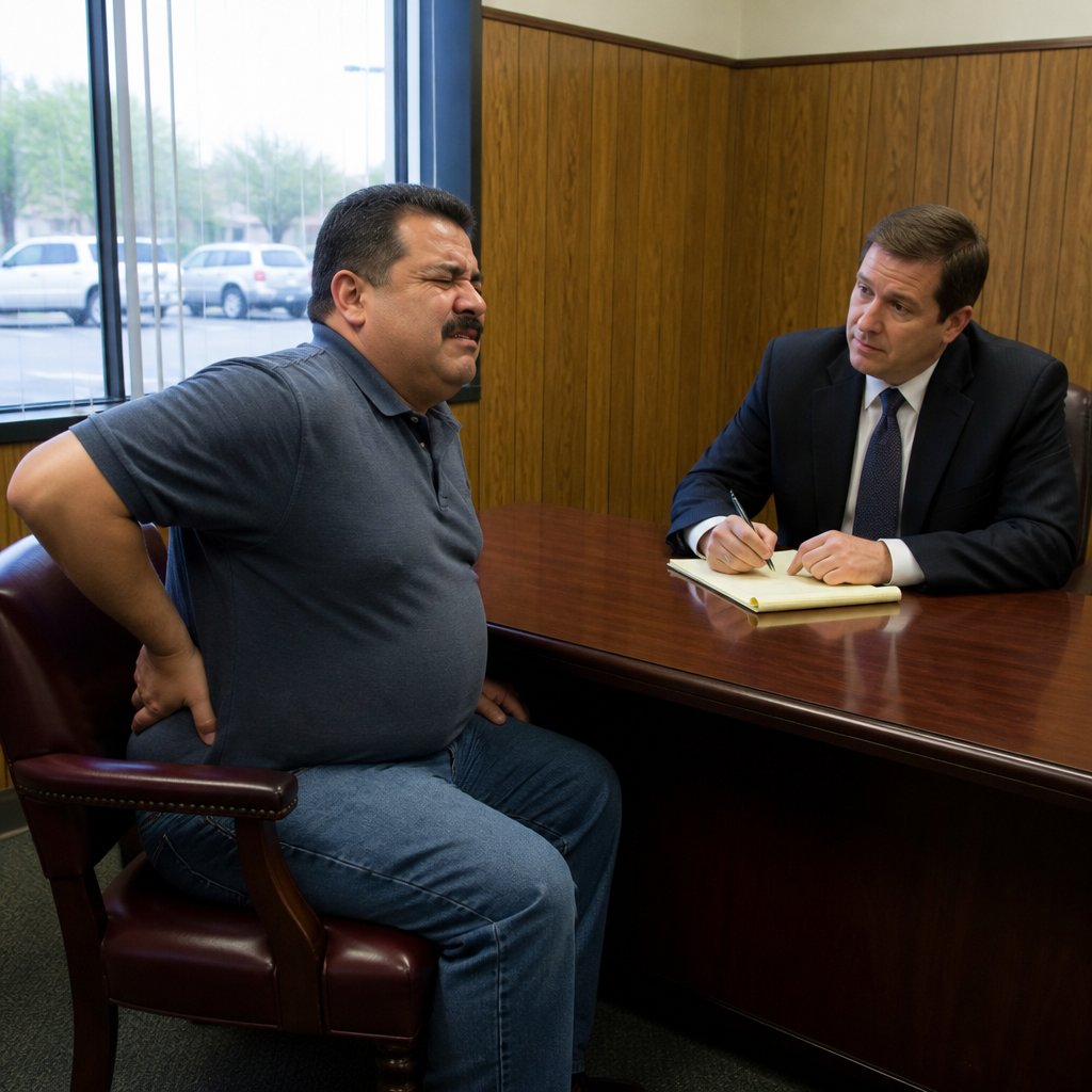Man sitting carefully in lawyer's office wincing with apparent back pain