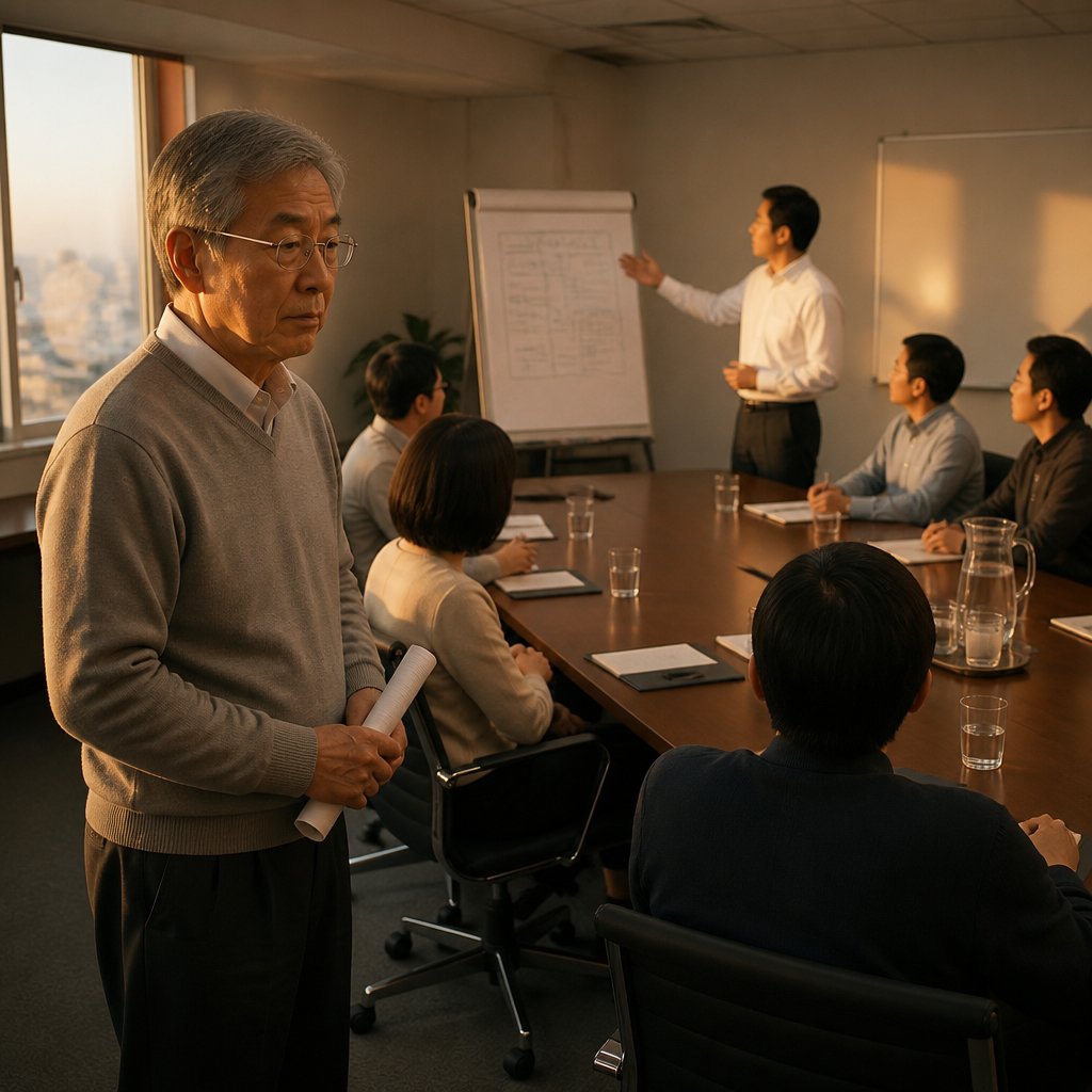 Older East Asian man listens to vendor pitching genetic testing in company conference room.