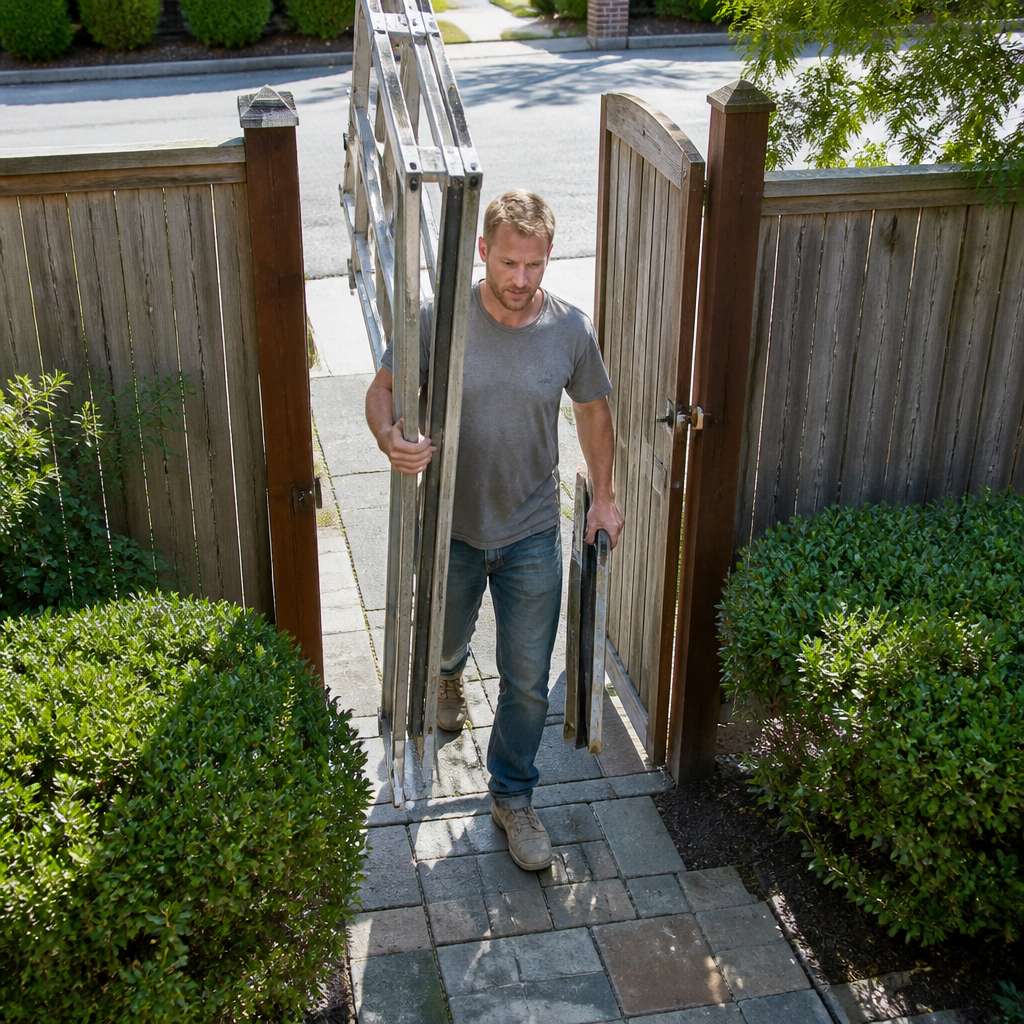 Contractor carrying ladder walking through an open side yard gate in suburban home yard.