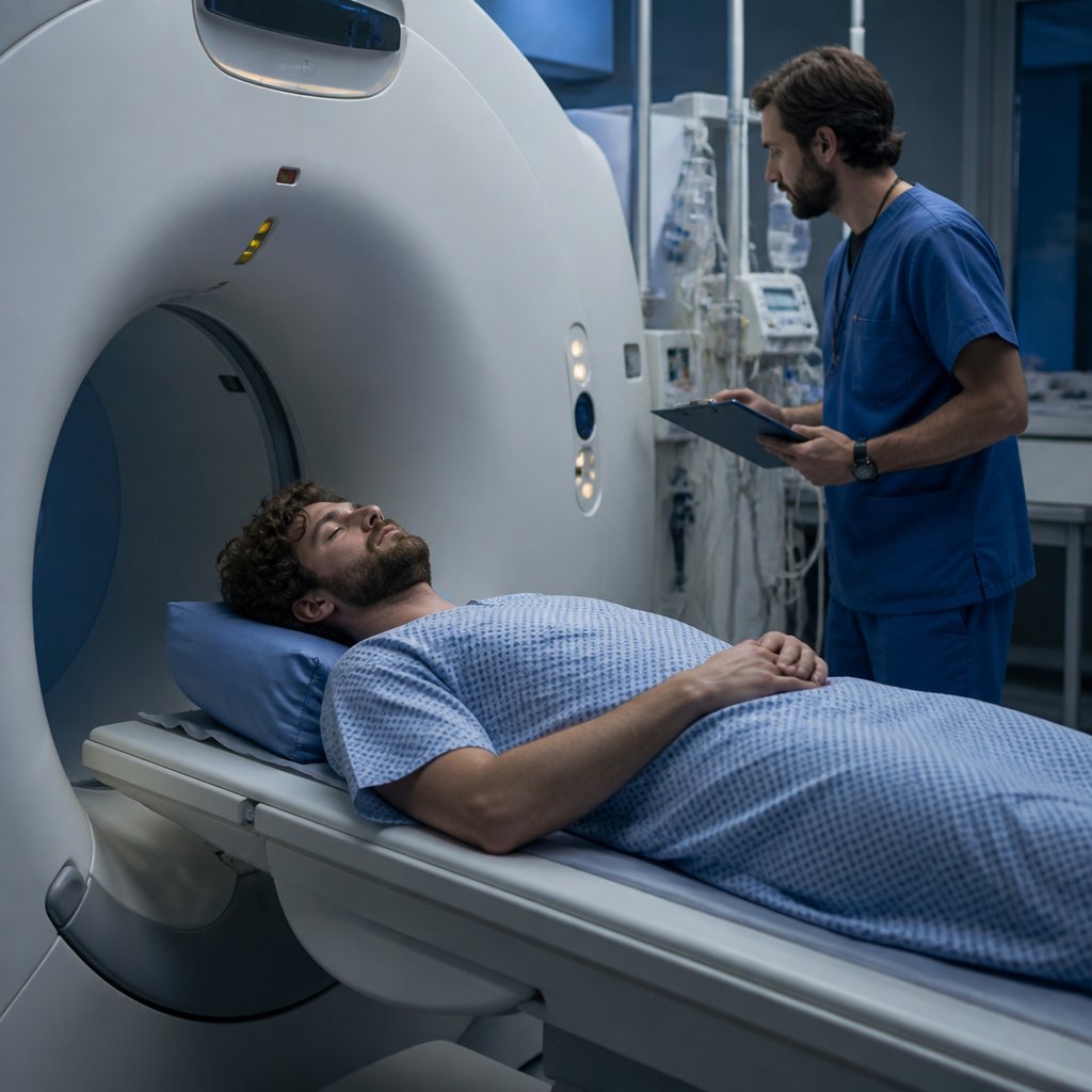 Patient undergoing CT scan in radiology room at night, technician watching the process.