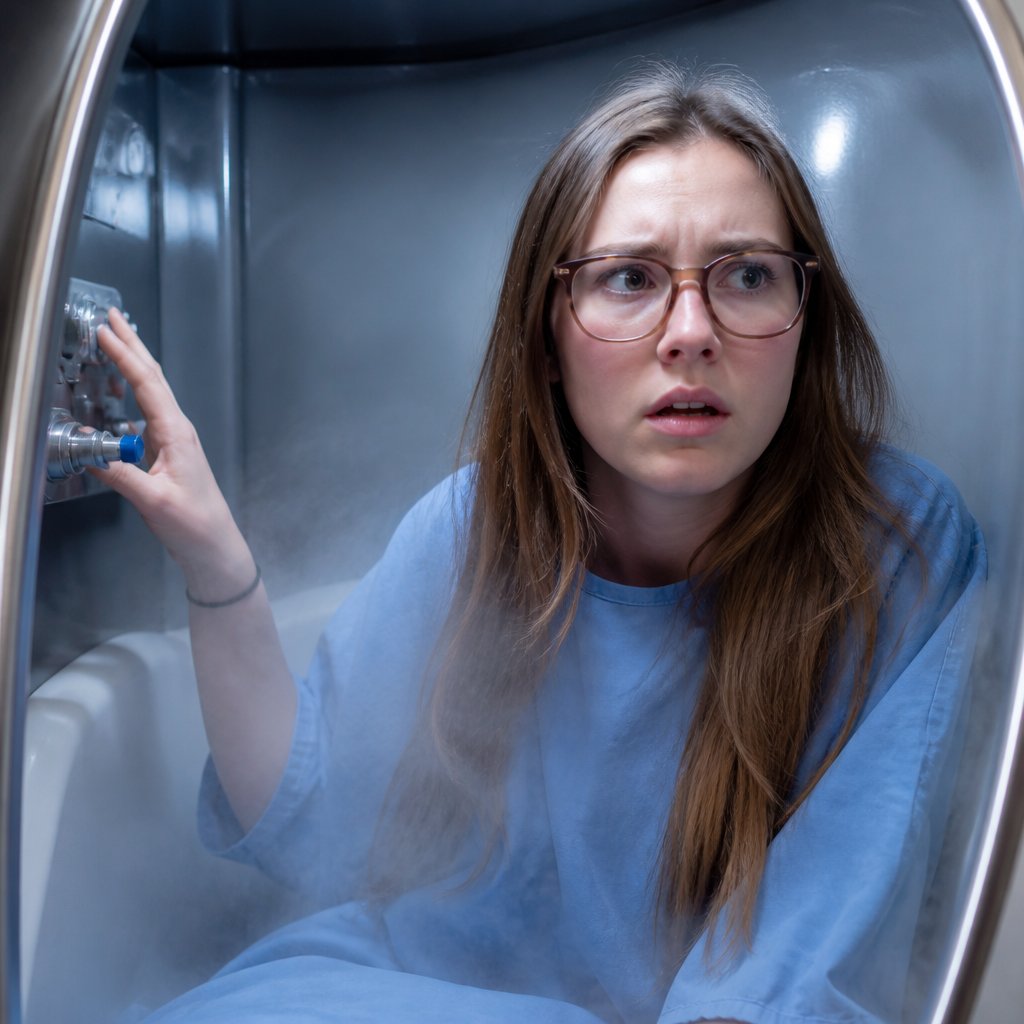 Young woman inside cryotherapy chamber with fog, looking tense as an alarm stops abruptly.