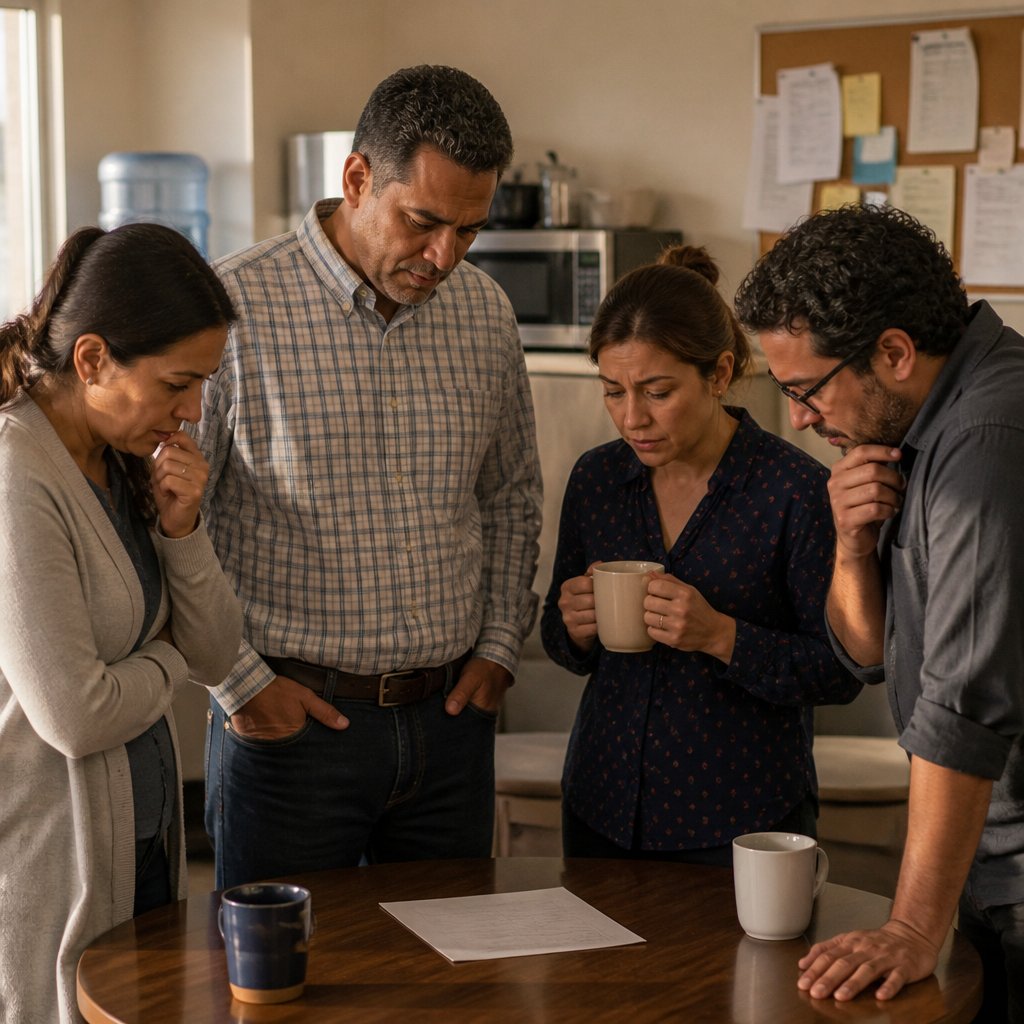 Office workers silently reading a permissions list in a break room, visibly uneasy.