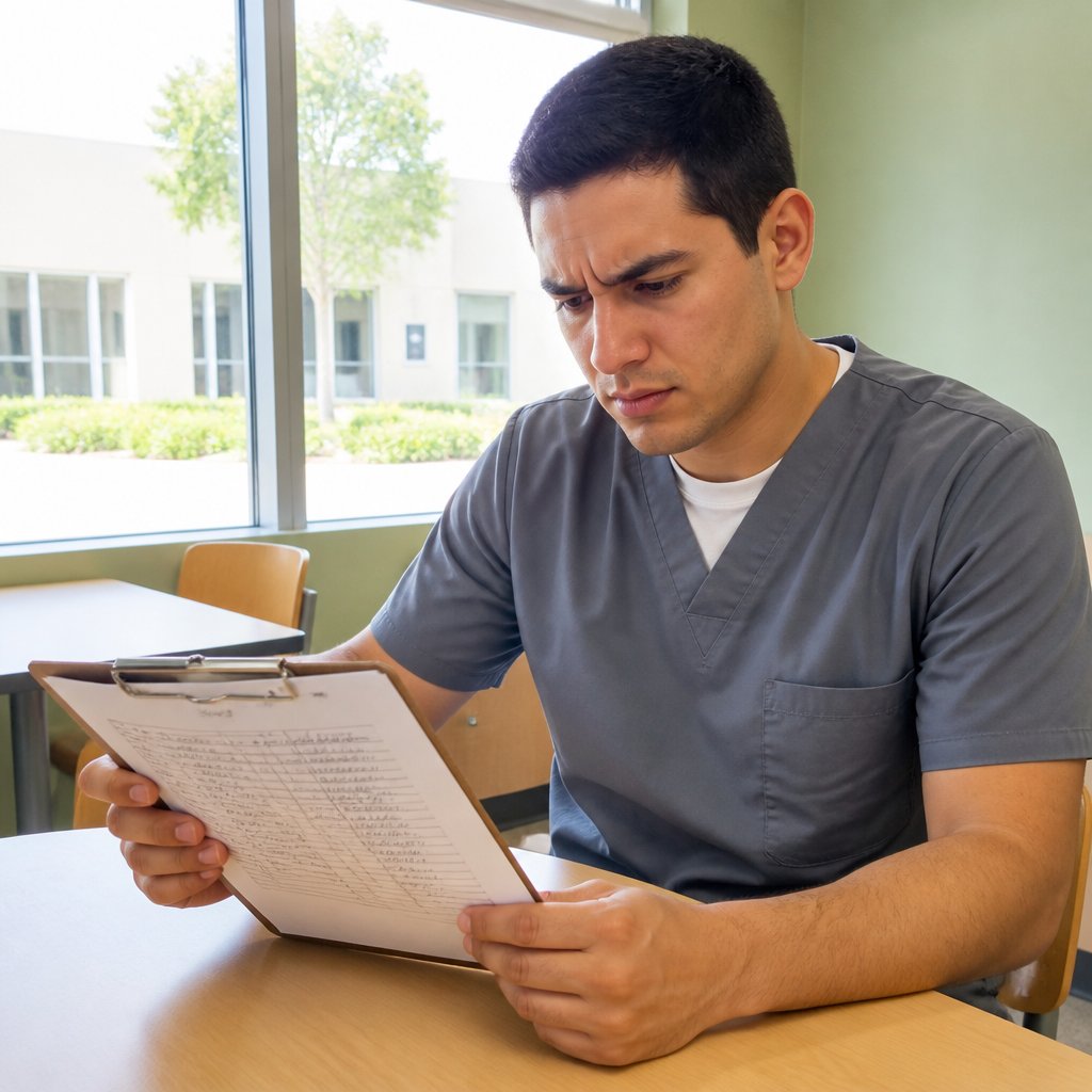 Young Latino man in scrubs examining handwritten paper temperature log in clinic break room.