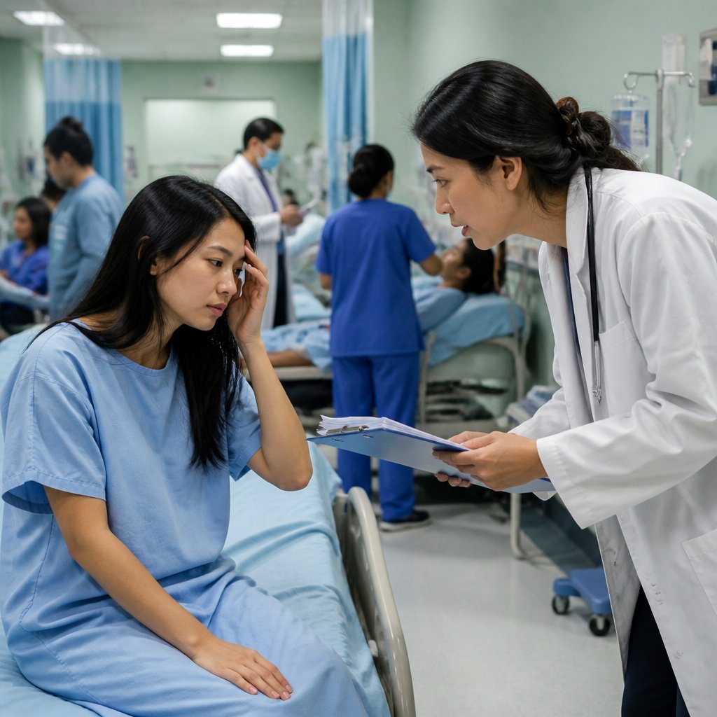 East Asian woman in patient gown looks confused as a doctor asks about recent IVs in ER.
