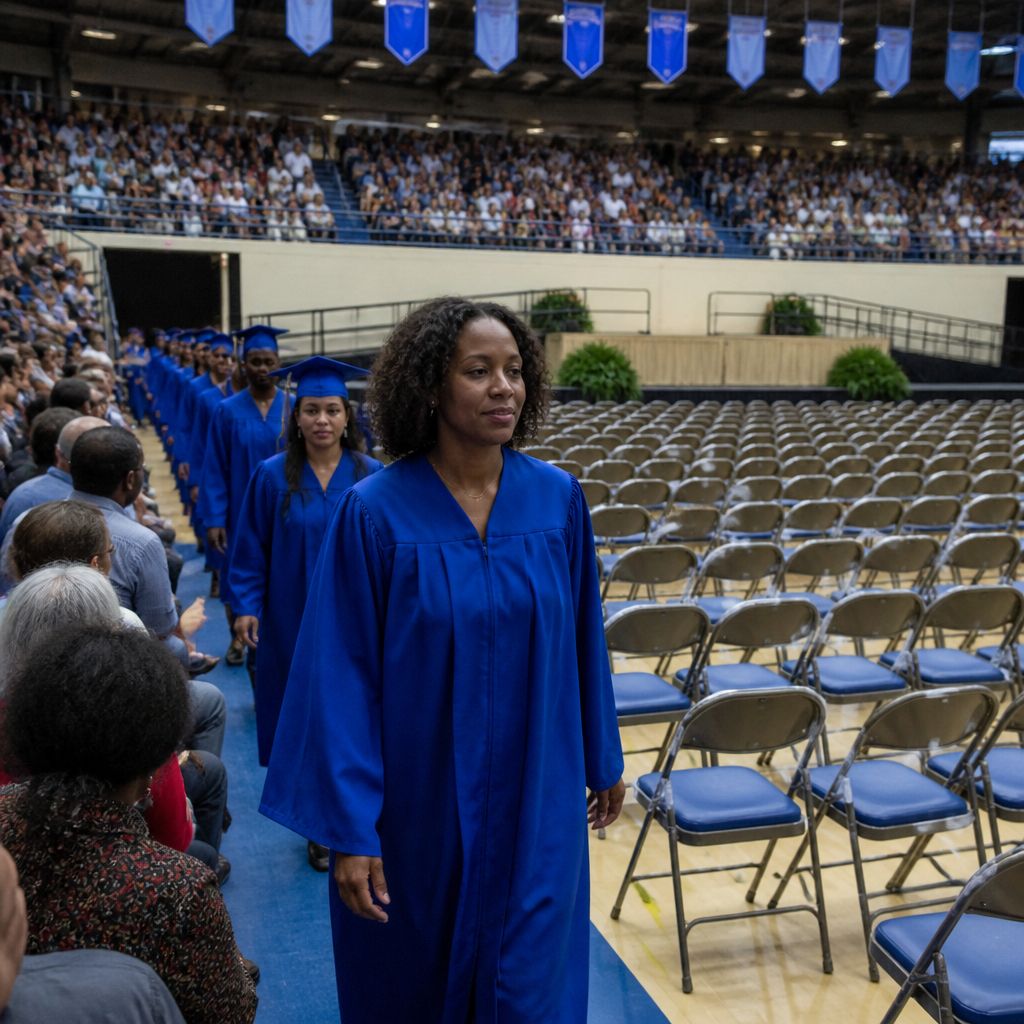 College gymnasium set up for graduation with folding chairs, temporary stage, and families in bleachers