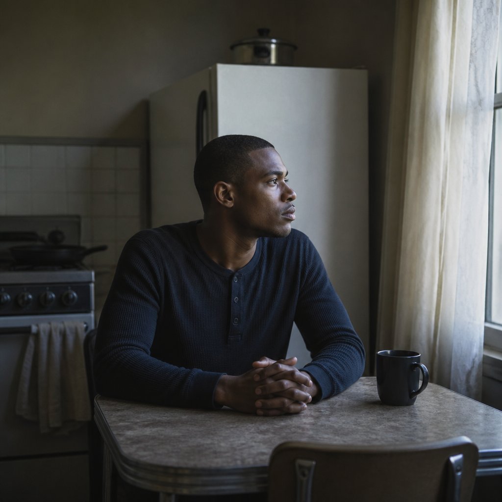 Young man sitting at kitchen table at dawn looking resolute after making a difficult decision