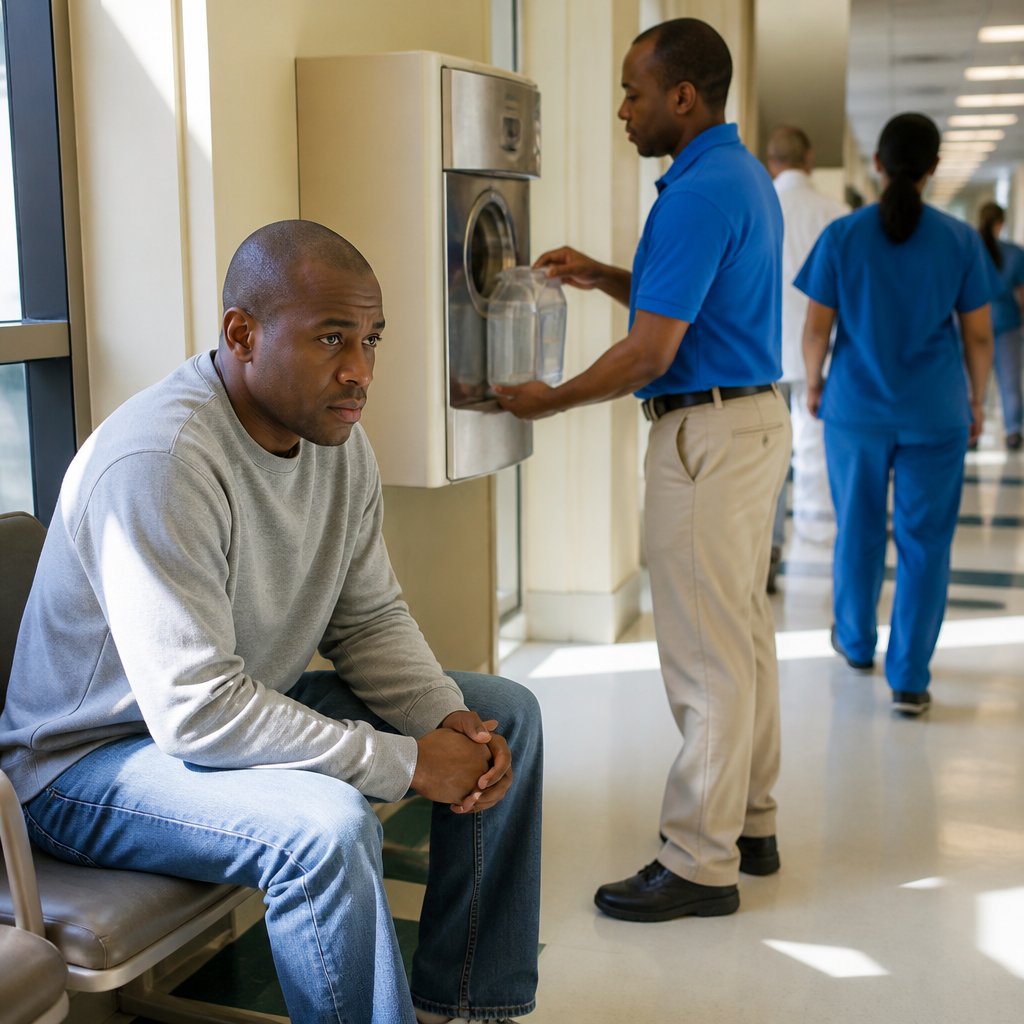 Patient watches hospital transporter send blood sample in pneumatic tube station.