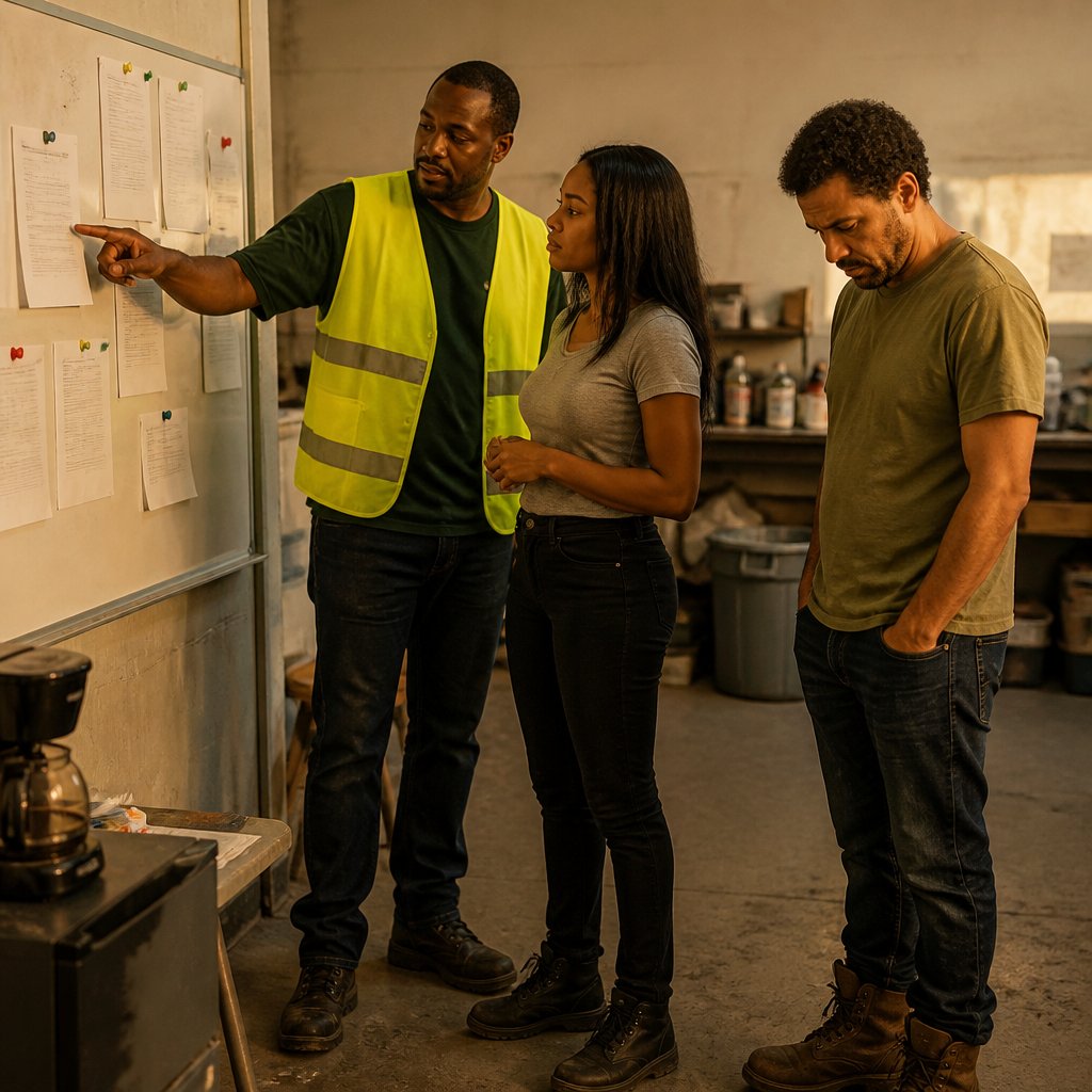 A tense conversation unfolds near a pinned email in a cluttered break room with three workers, including the protagonist and Brent.