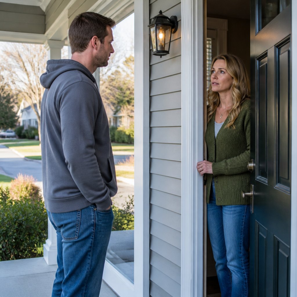 Neighbor confronts homeowner on front porch about shared wall beam replacement.
