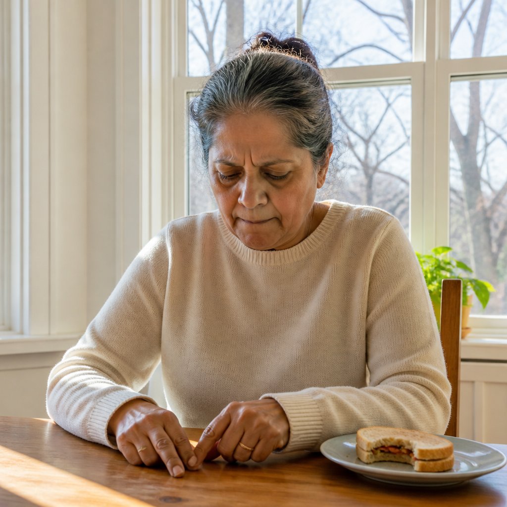Woman at dining table looking tense, phone face down, half-eaten sandwich on plate.