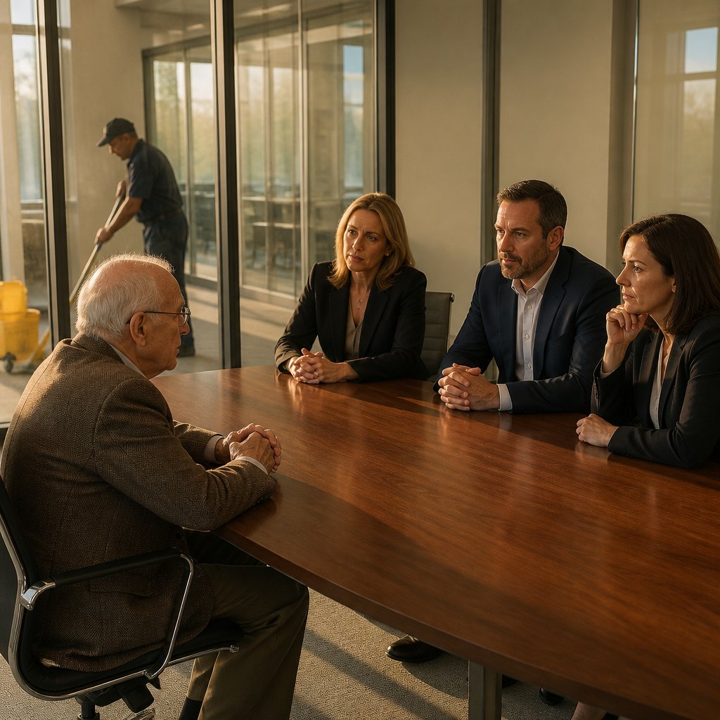 Older man in a meeting surrounded by HR and manager inside a glass conference room.