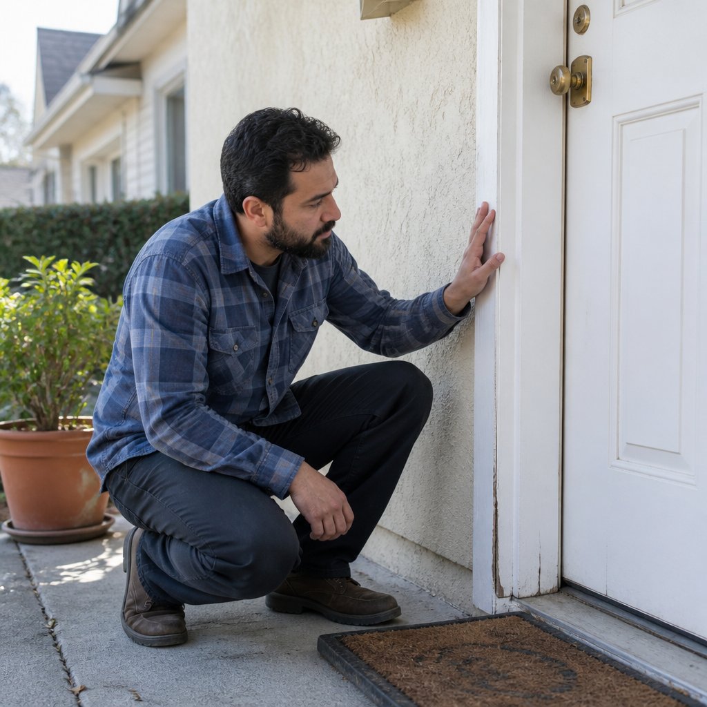 Man kneeling by front door, inspecting the doorframe and lock with a concerned look.