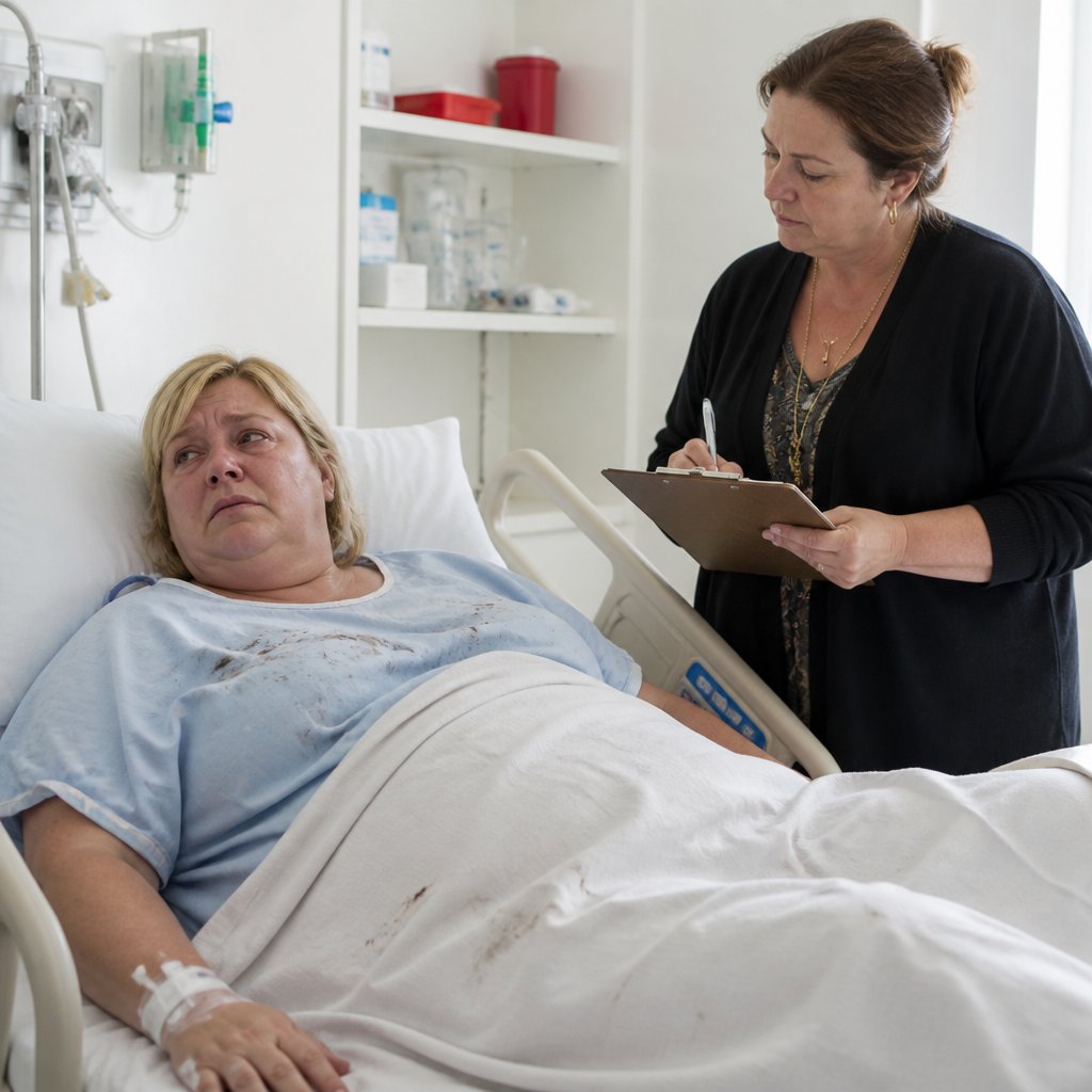 Postpartum woman tearful in bed as supervisor takes notes, hospital room setting.