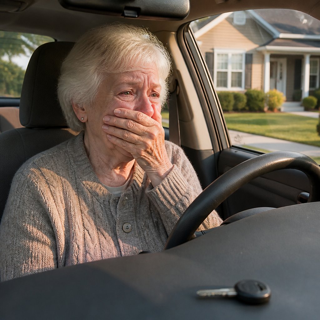 Elderly woman crying in her car in a driveway with a useless house key on the dashboard