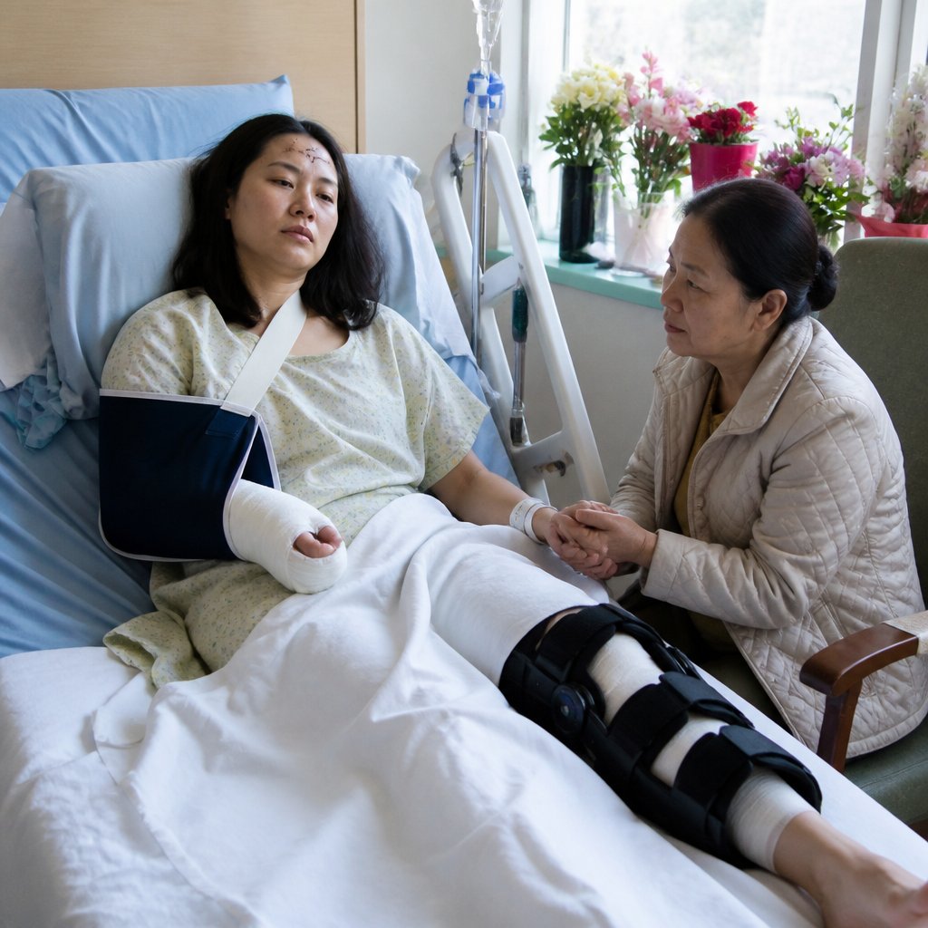 Woman in hospital bed with arm cast, knee brace, and forehead stitches, mother at her side