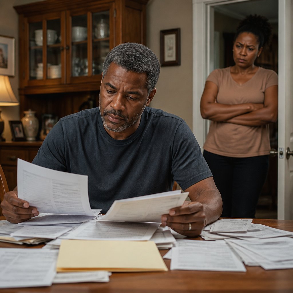 Man studying paperwork at dining table becoming his own detective while wife watches