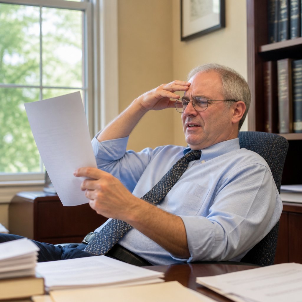 Defense attorney reading complaint with expression of amused disbelief