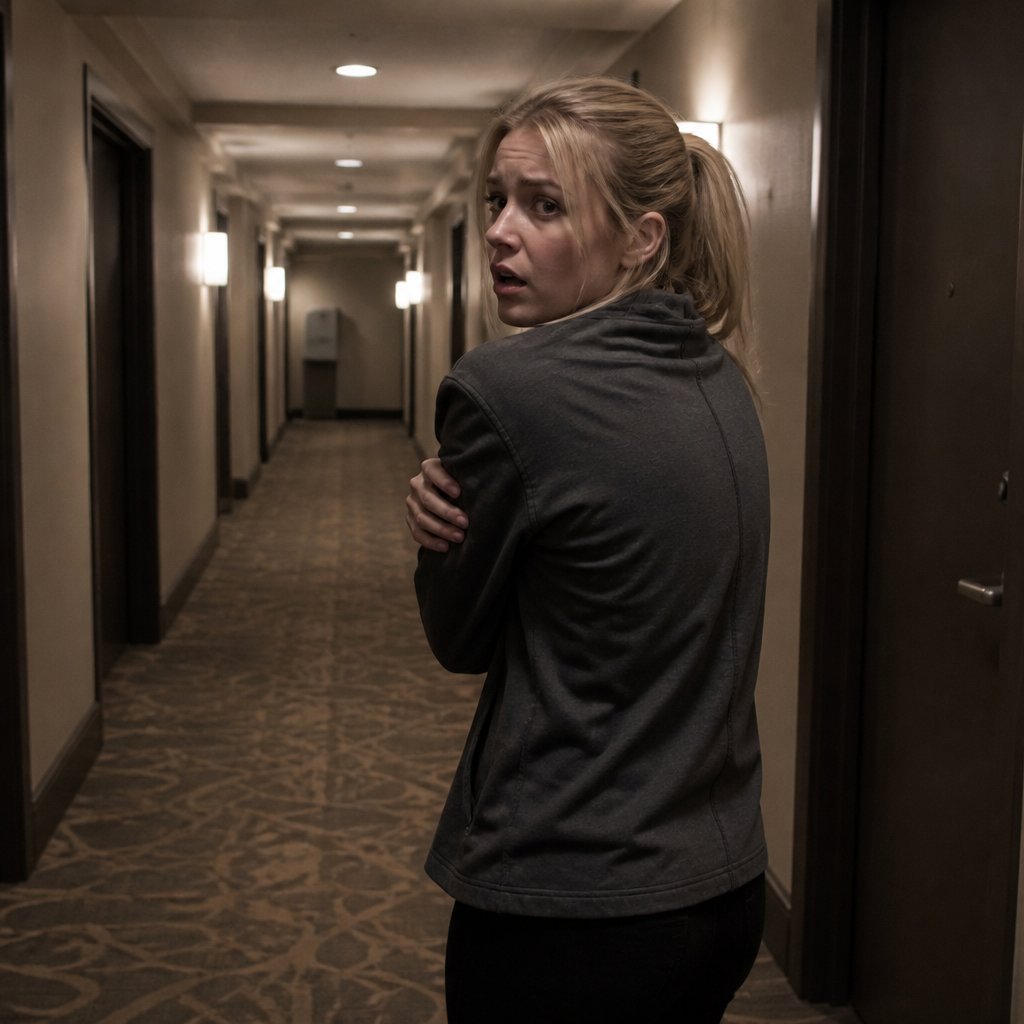 Woman walking quickly through hotel hallway looking shaken and wrapping arms around herself