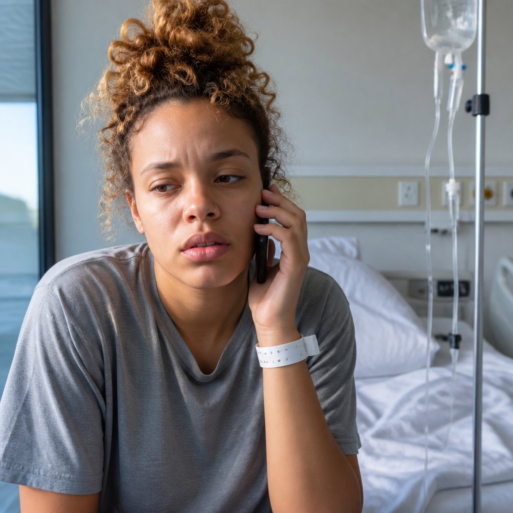 Patient holding phone to ear, tired and medicated, in hospital room.