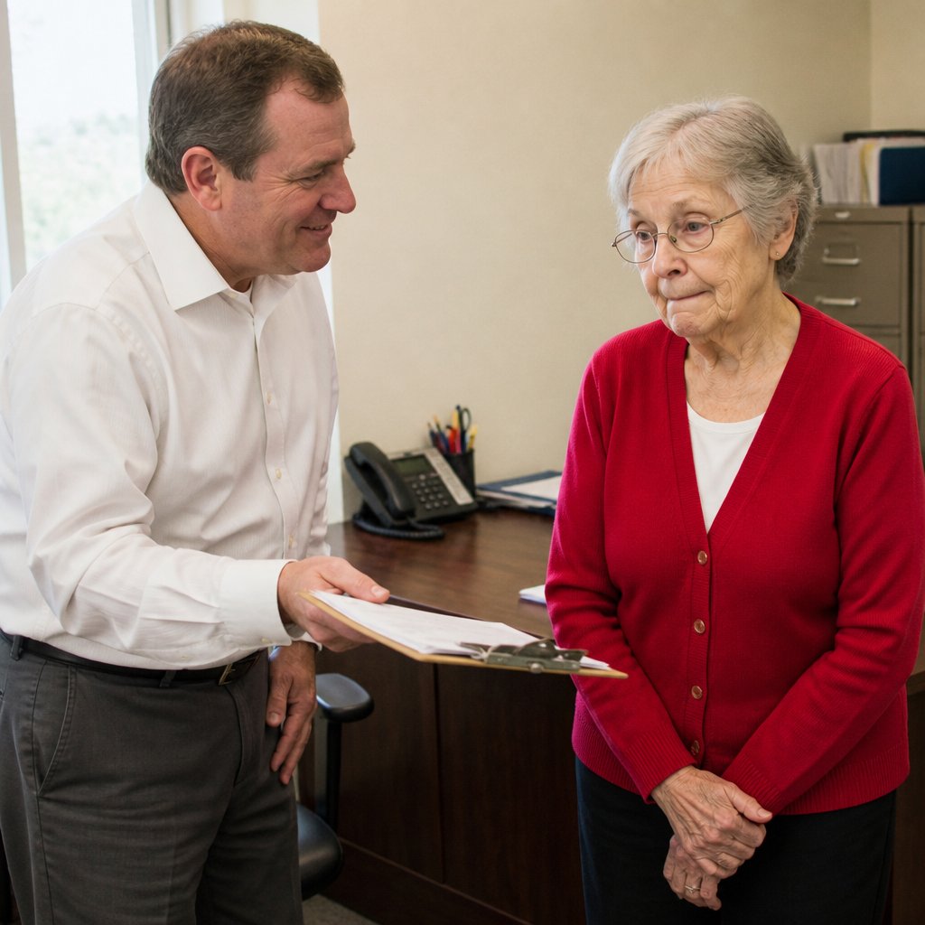 Store manager offering clipboard to hesitant woman in a plain office.