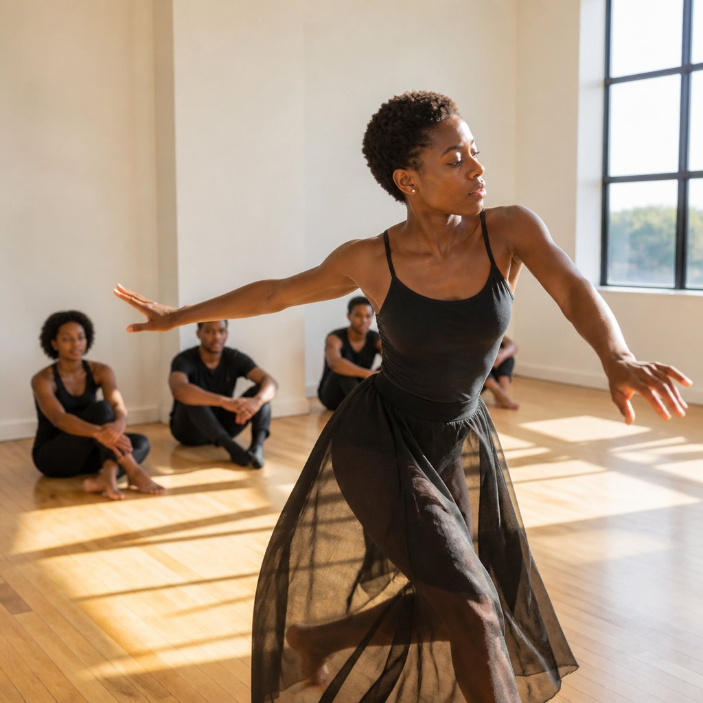 Young dancer deep in creative practice in a cozy, cluttered studio.