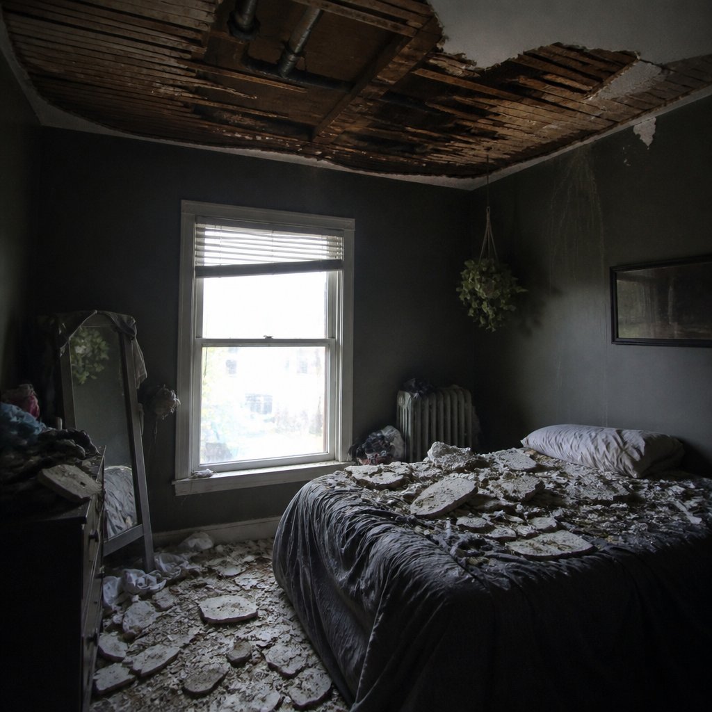 Bedroom with ceiling collapsed onto the bed, debris and dust everywhere in darkness