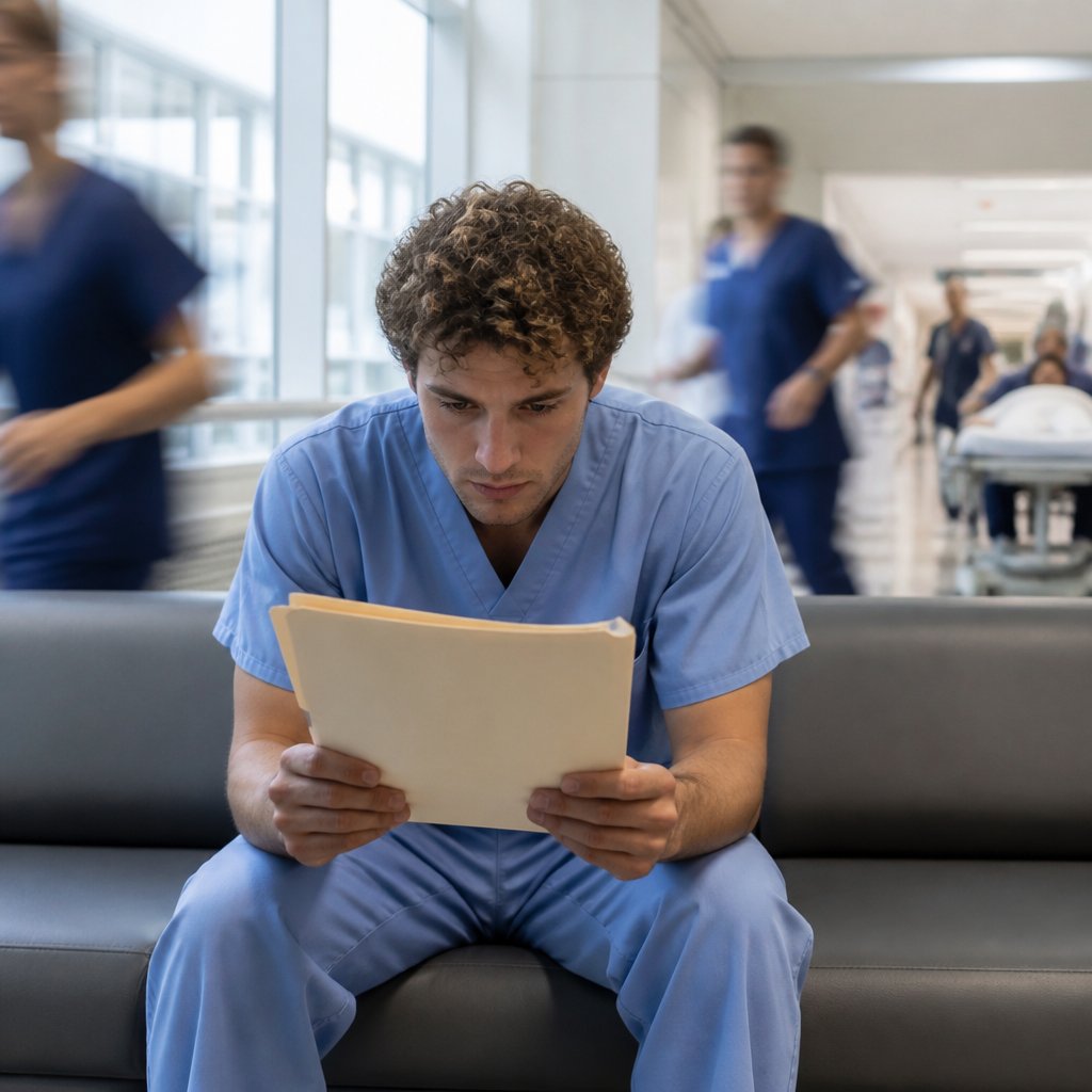 Worried young man in scrubs gripping a chart in a busy hospital corridor.