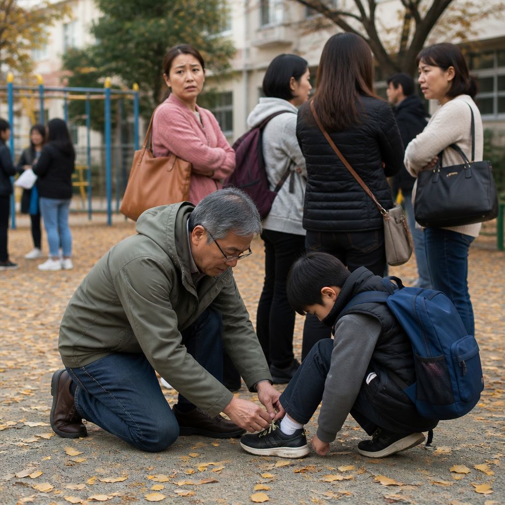 Man kneeling beside child on school playground, other parents talking in background with concerned expressions.