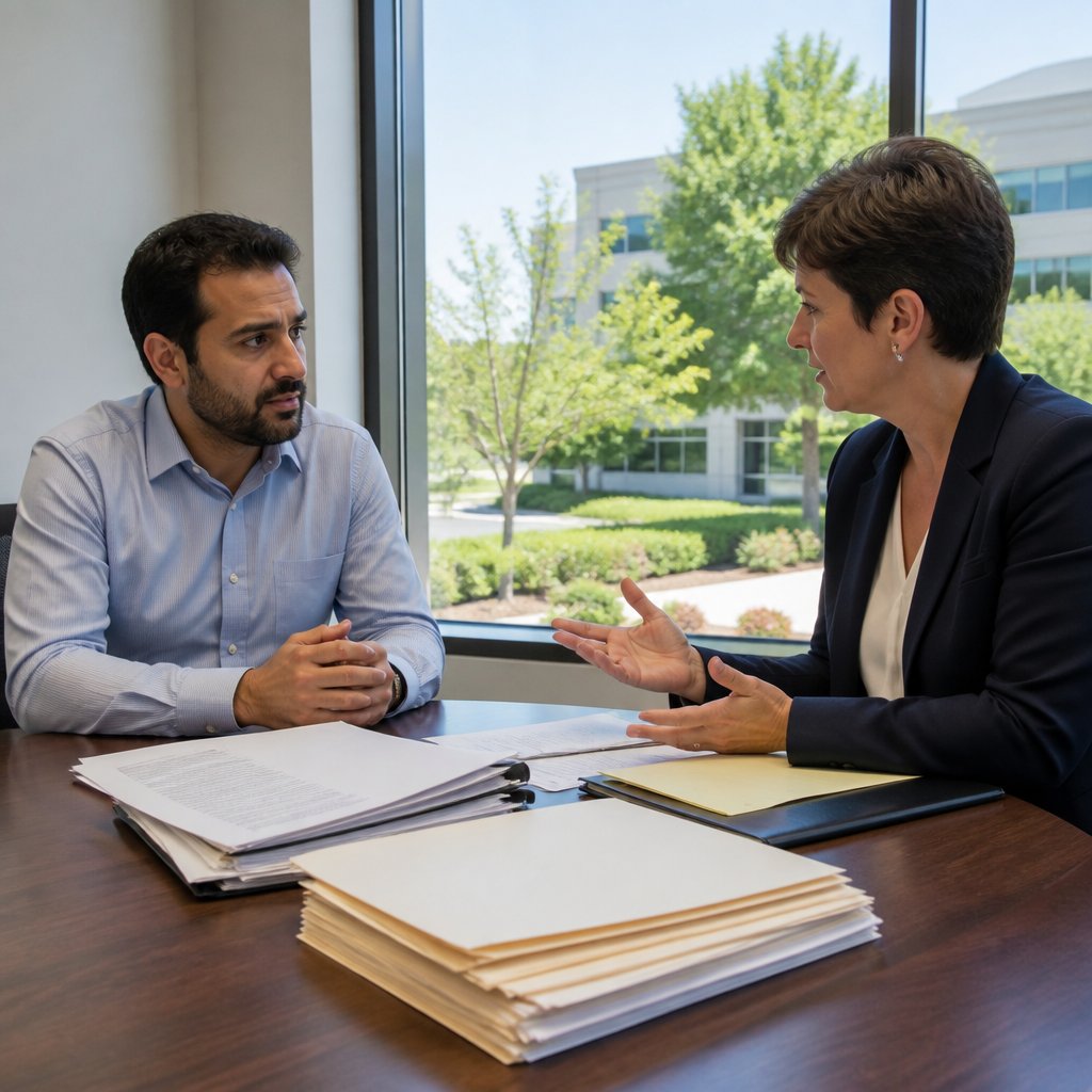 Man in blue shirt talking with a woman in a navy blazer across a conference table filled with paperwork.