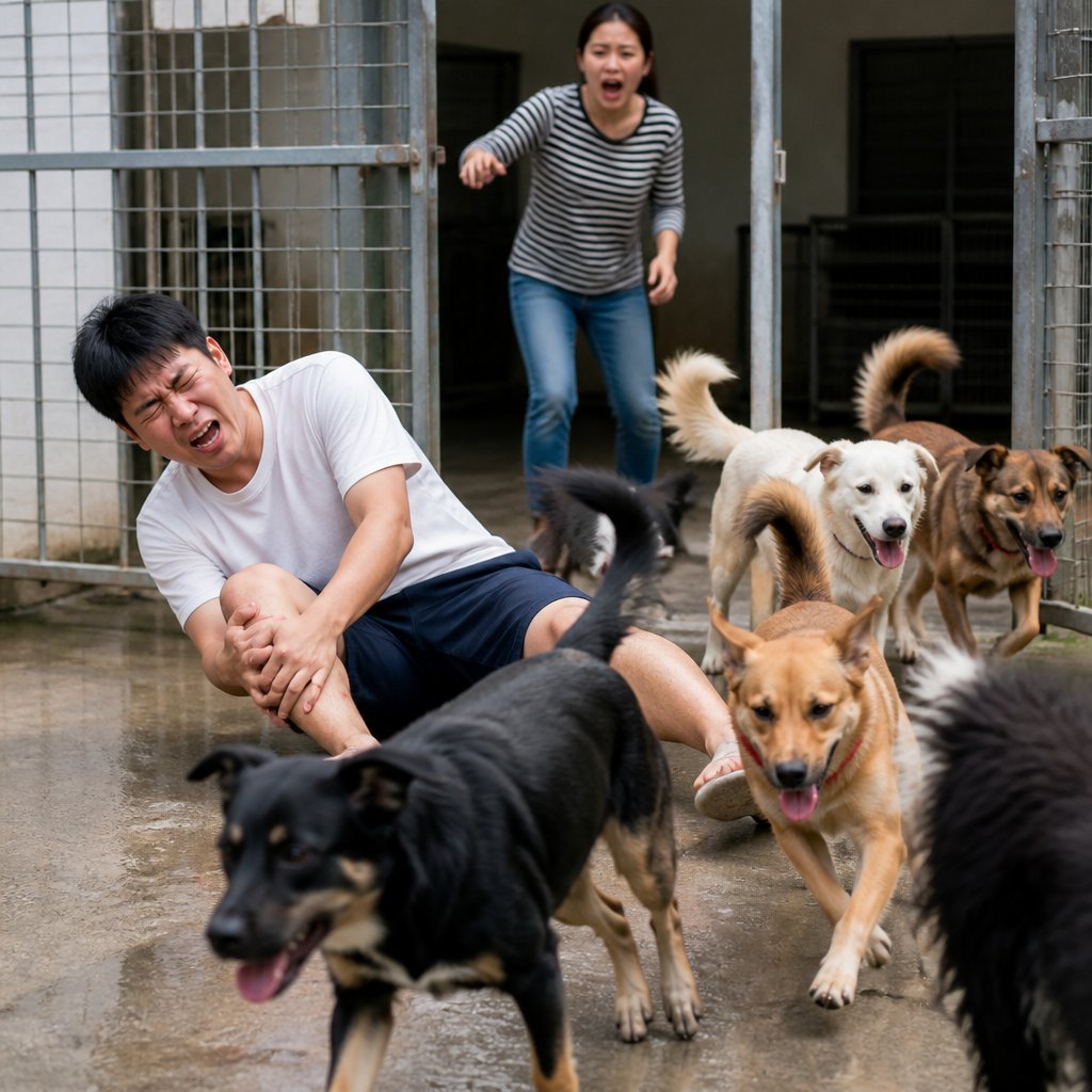 Man injured as six dogs rush out through an open gate at dog daycare, a handler yelling behind.