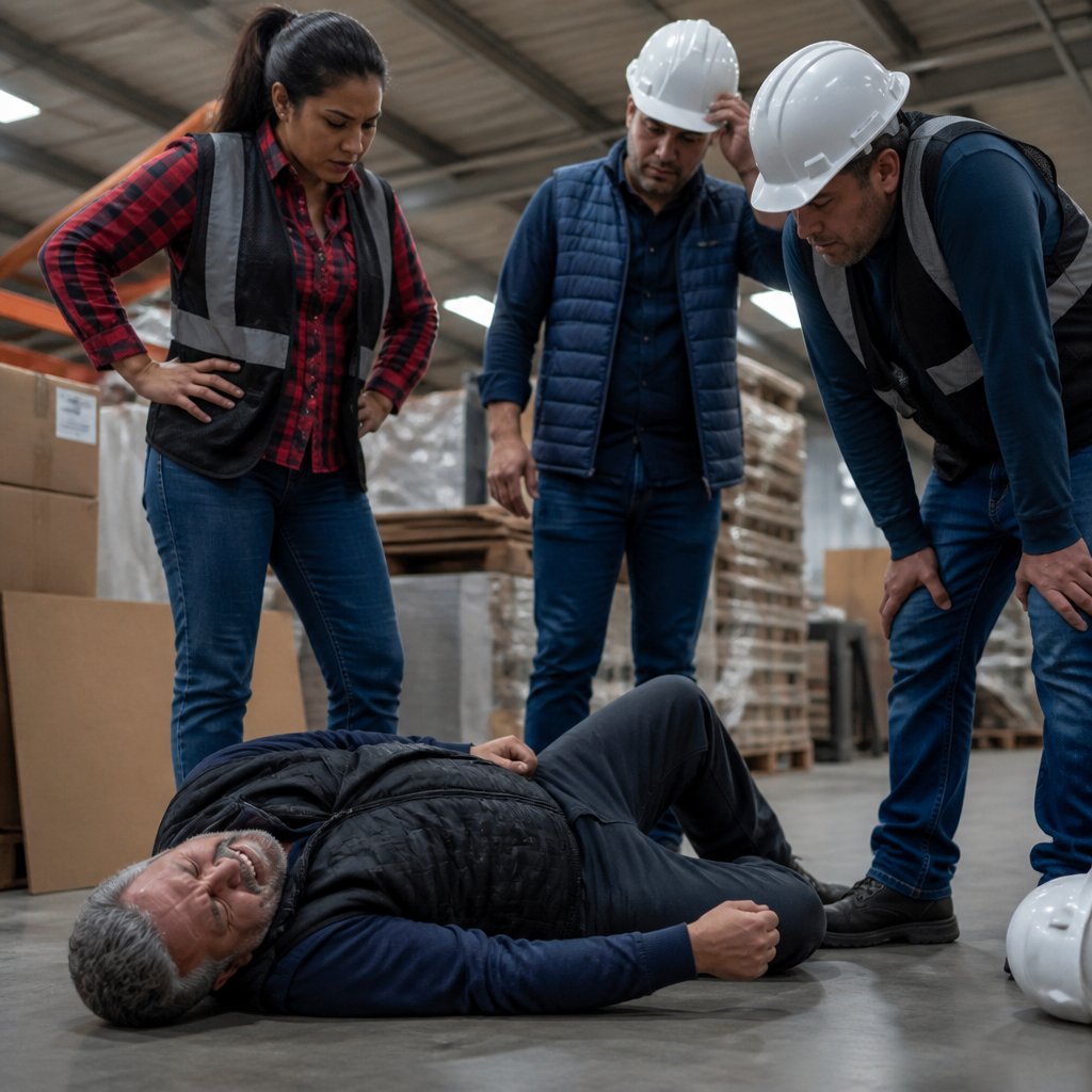 Latina woman watches injured man on factory floor as coworkers look worried.