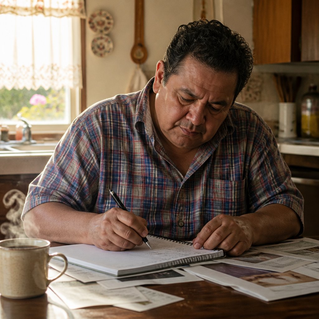 Man writing in a logbook at kitchen table, surrounded by papers and coffee, looking focused.