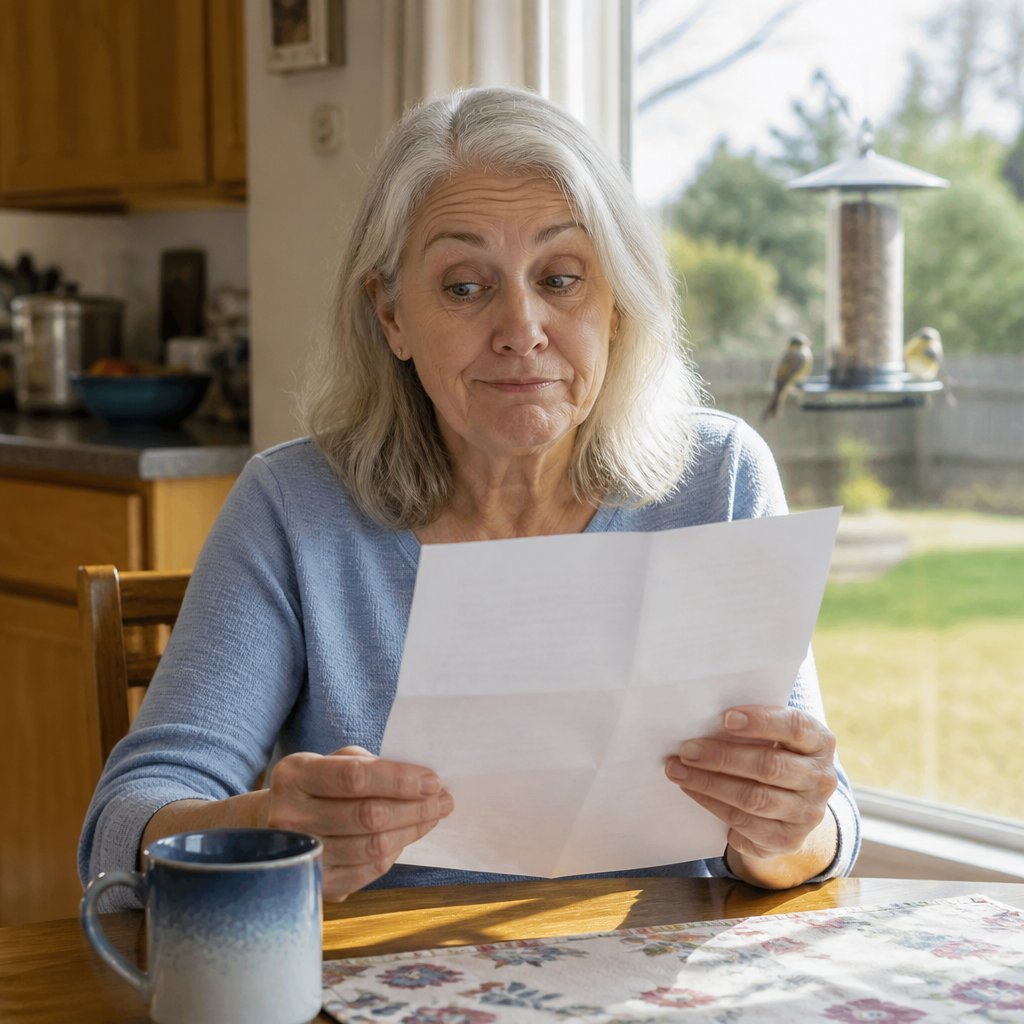 Woman reading her neighbor's complaint letter with amused disbelief at kitchen table
