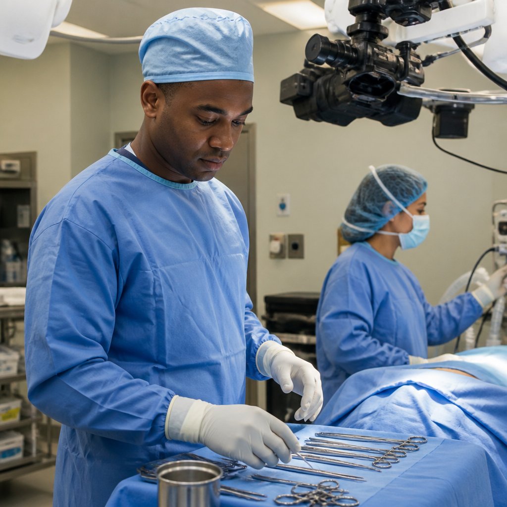 Surgeon performing laparoscopic operation with streaming camera rig overhead