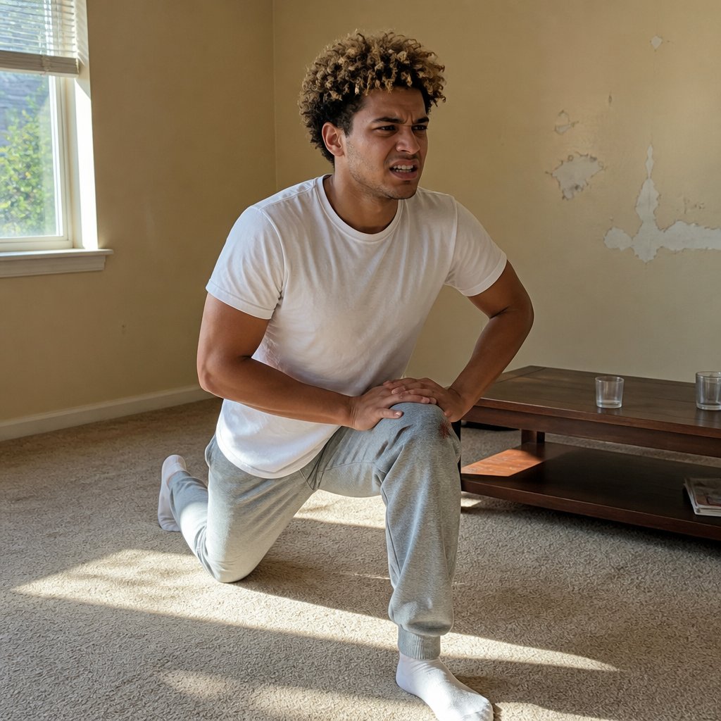 Young man lunging on carpet at home, face showing focus mixed with discomfort.