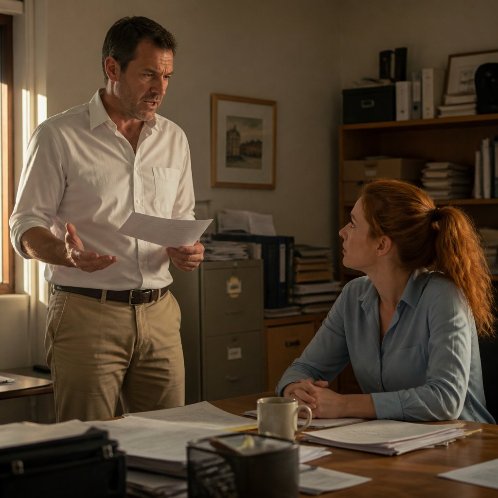 Manager and employee discussing an email in a cluttered office.