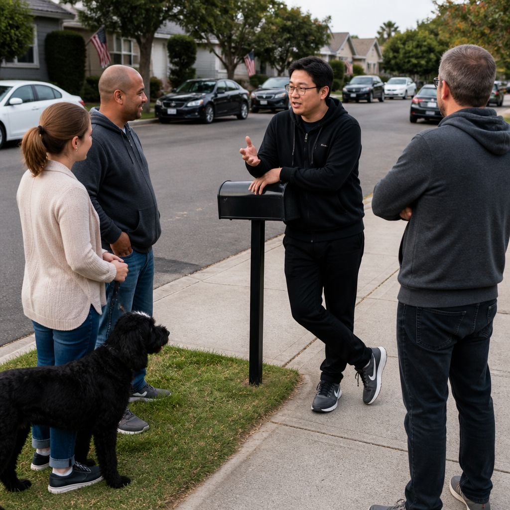 Neighbor leaning on mailbox talking to others about solar glare complaint.