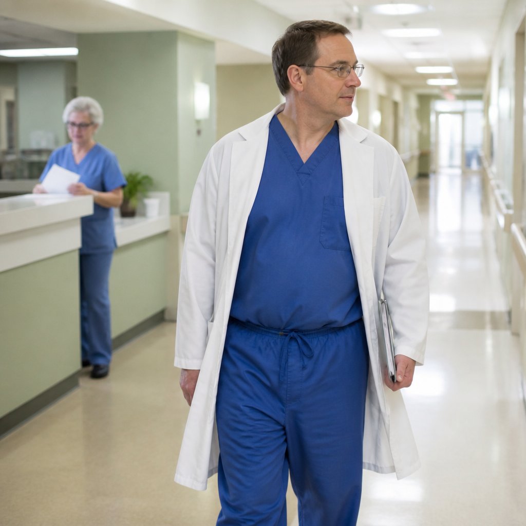 Anesthesiologist in blue scrubs and lab coat walking down hospital hallway with clipboard.