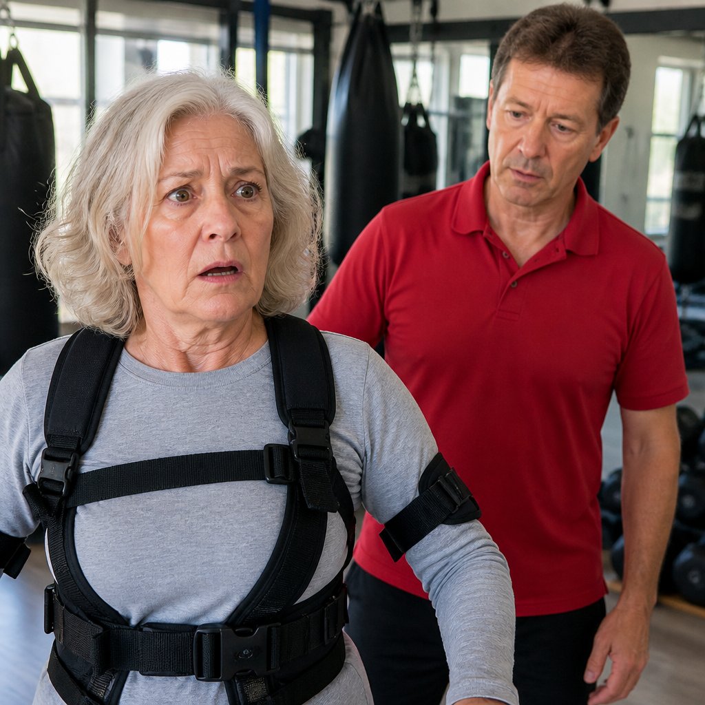 Older woman in VR suit looking alarmed as the suit tightens unexpectedly during class.