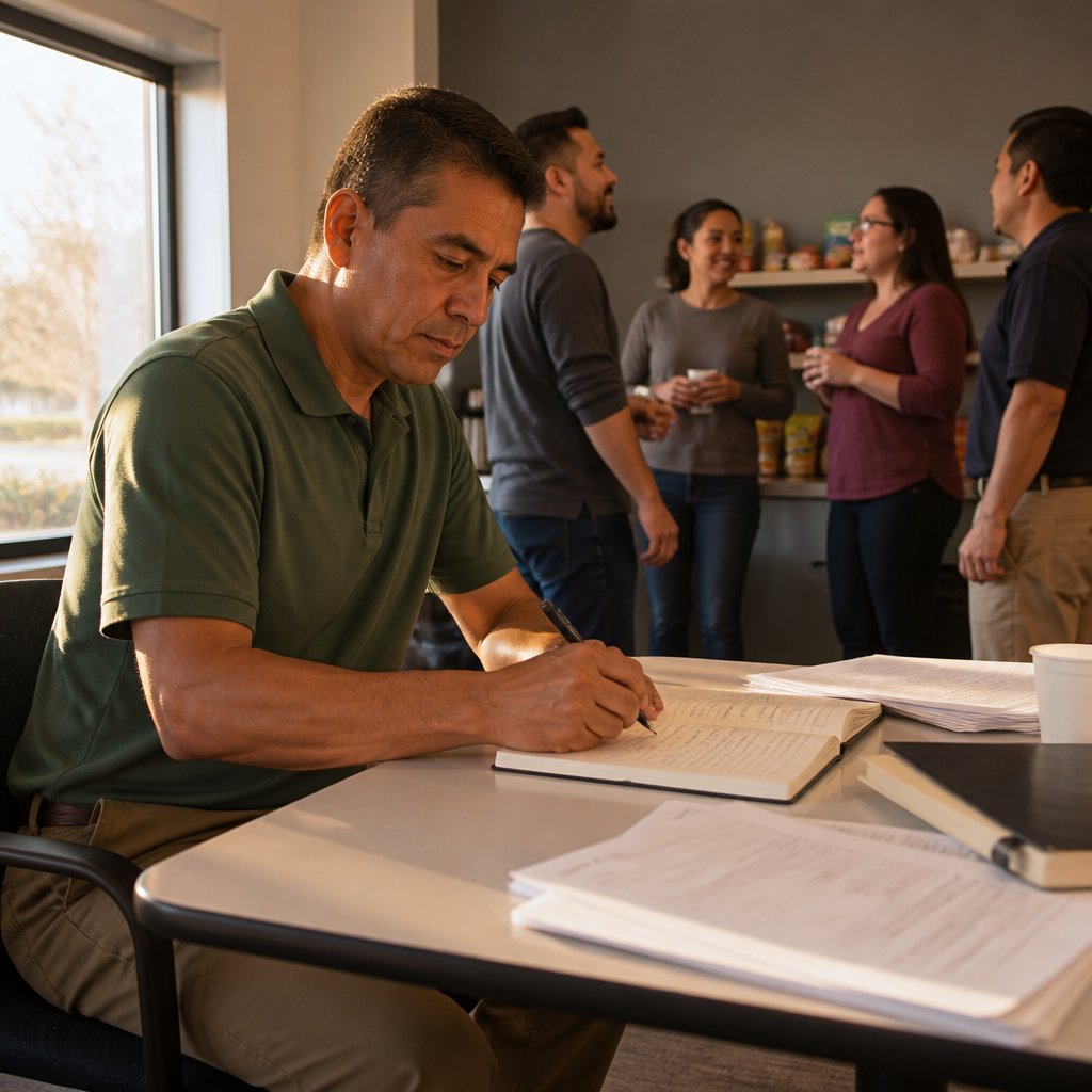 Man in green polo writing in notebook at break room table