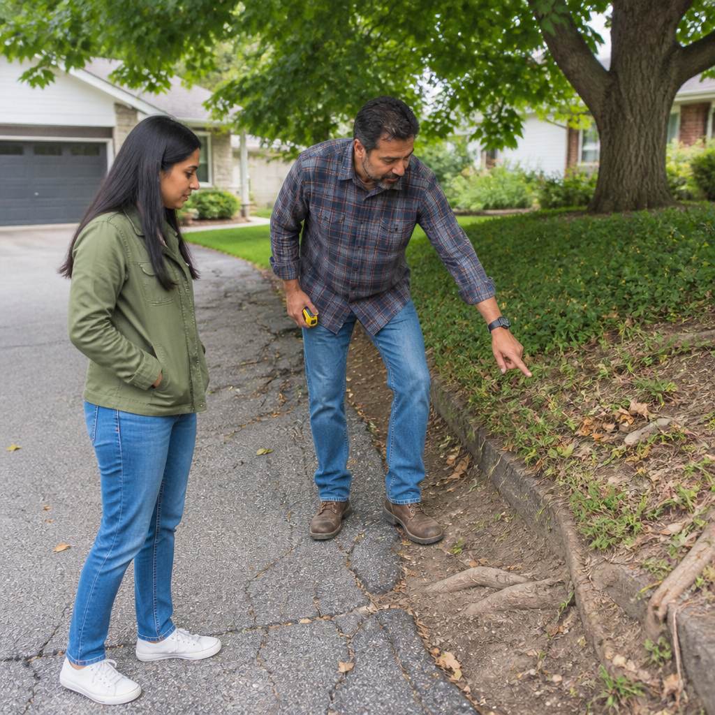 Contractor pointing towards tree roots near cracked driveway while woman listens attentively.