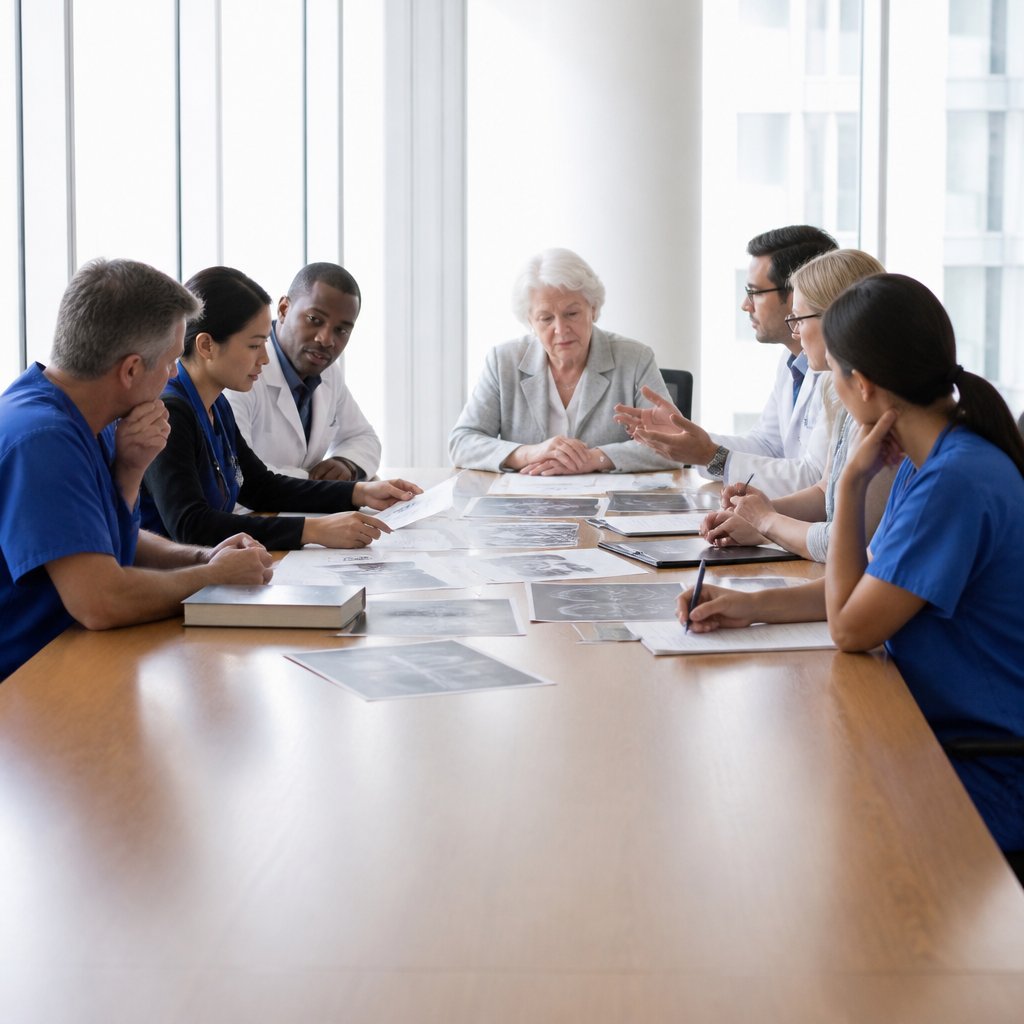 Tumor board meeting with doctors discussing patient data, older white woman looking concerned at table end