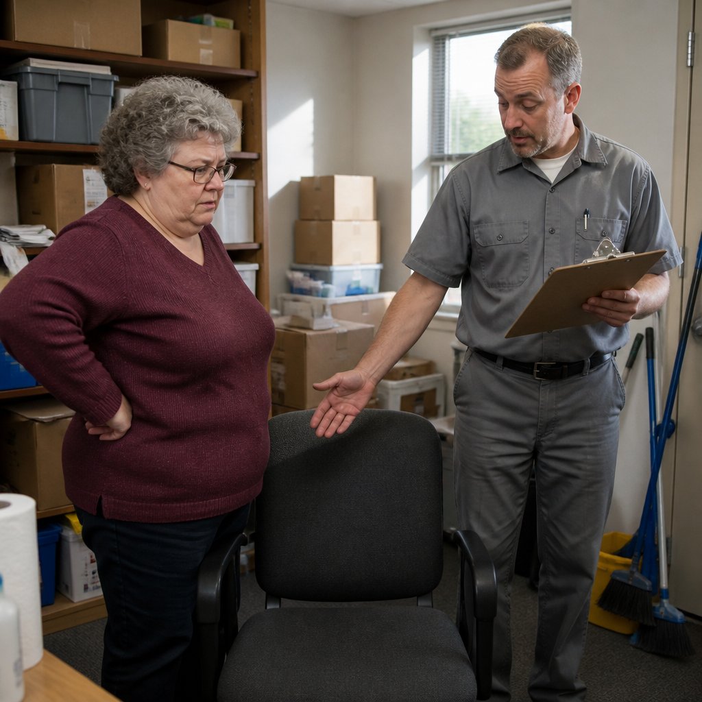 Woman discussing her problematic chair with a facilities technician in a storage room.