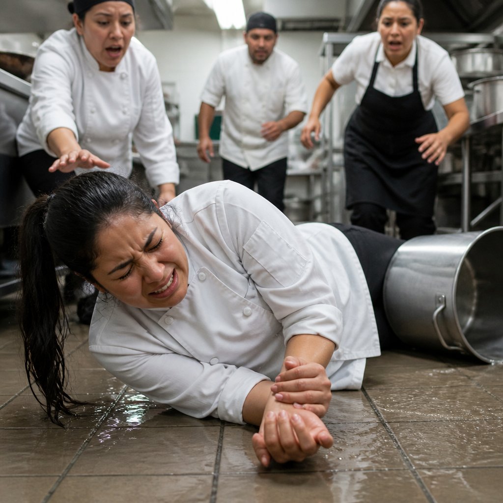Woman on restaurant kitchen floor in pain after slipping, overturned pot nearby, coworkers rushing to help