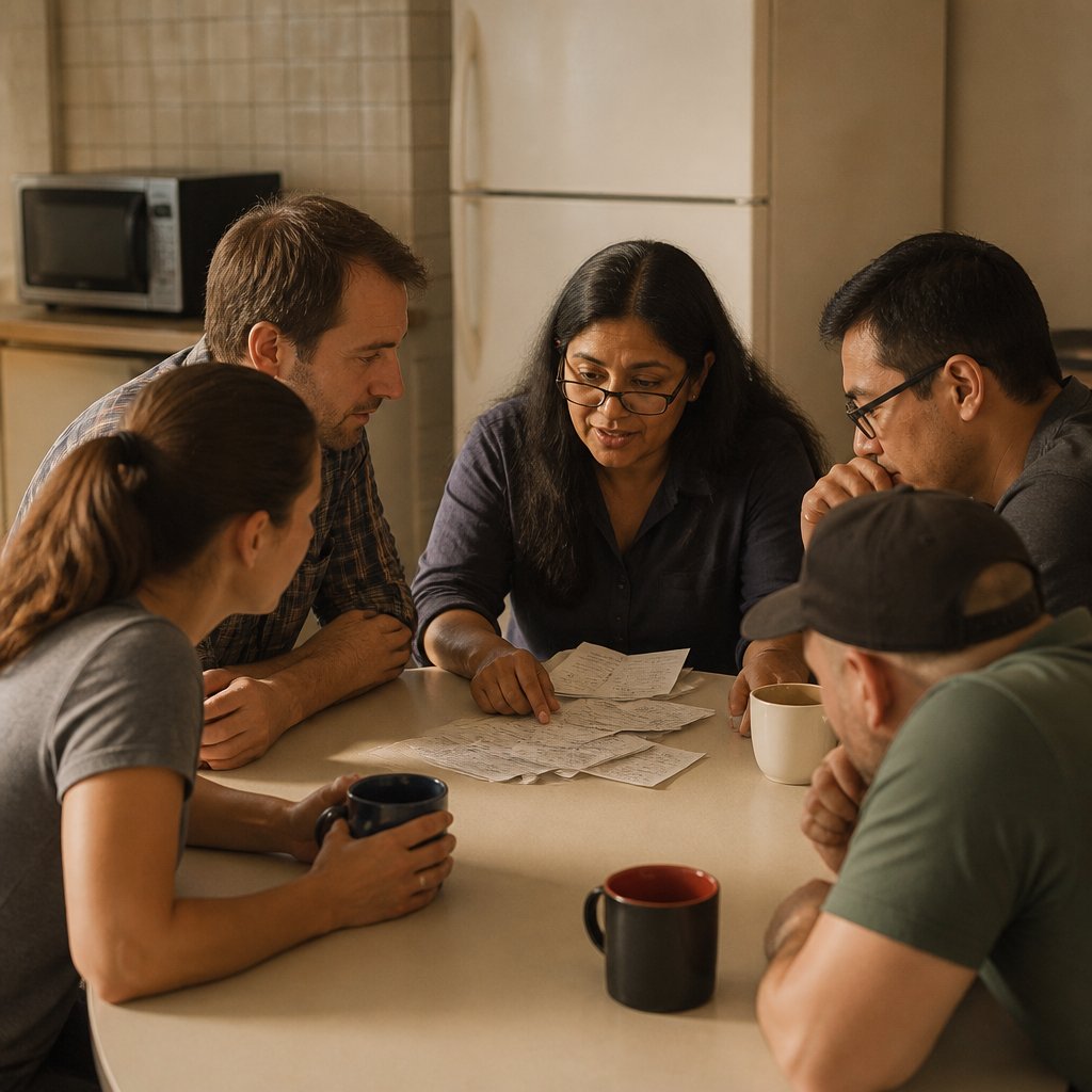 Group of coworkers comparing paycheck stubs around a break room table, discussing quietly.