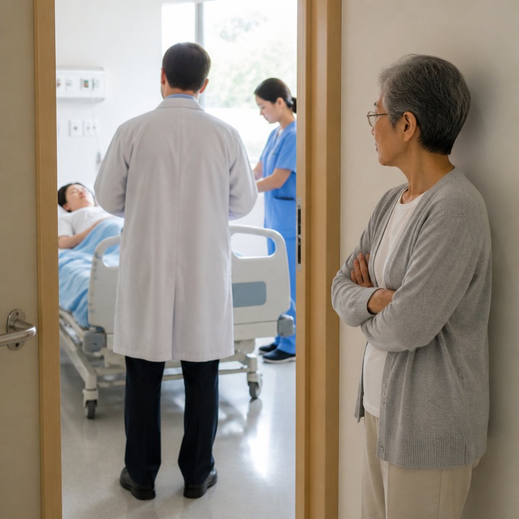 Hospitalist half-entering patient room while wife watches anxiously