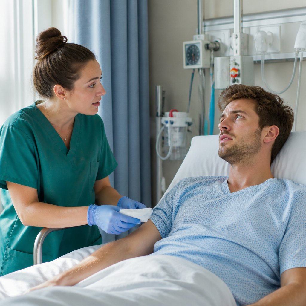 Nurse tending to injured man in hospital bed, asking a pointed question.