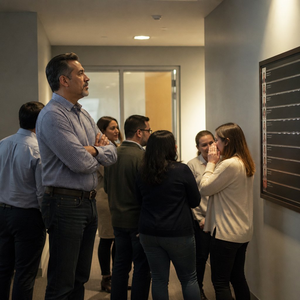 Employees gathered around an office hallway leaderboard display, watching their standby response rankings.