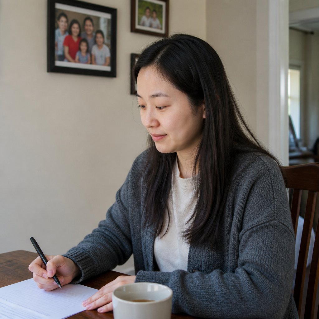 Woman signing contract at dining table, appearing distracted.