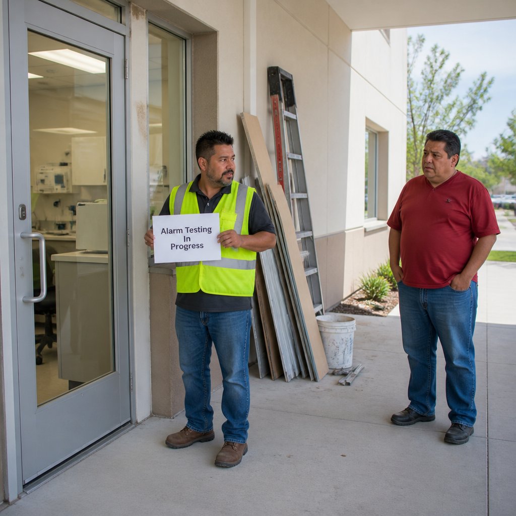 Contractor holds alarm testing sign near clinic lab while concerned man watches.